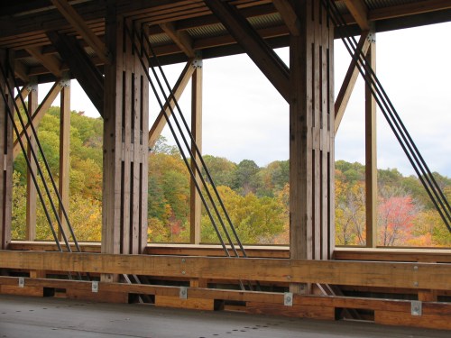 View through a wooden structure showcasing trees with autumn foliage in the background.