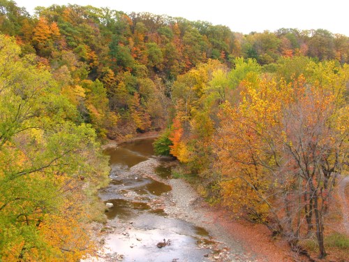 A scenic view of a winding river surrounded by vibrant autumn foliage in various shades of orange, yellow, and green.