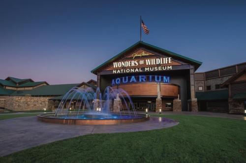 Exterior view of the Wonders of Wildlife National Museum and Aquarium, featuring a fountain and evening sky.