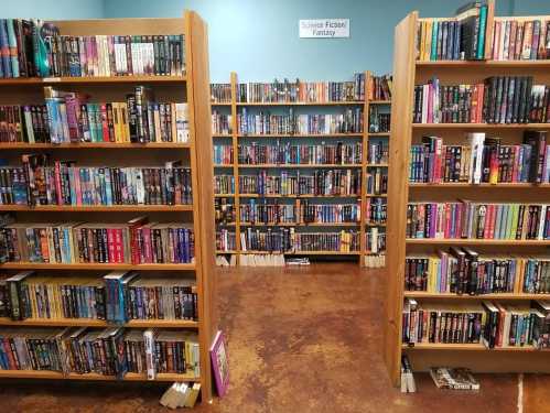 A cozy bookstore aisle lined with wooden shelves filled with various books in colorful covers.