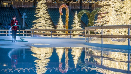 A person in a red plaid shirt skates on an ice rink surrounded by illuminated Christmas trees and festive decorations.