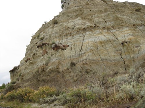 A rugged rock formation with layered textures and sparse vegetation at its base under a cloudy sky.