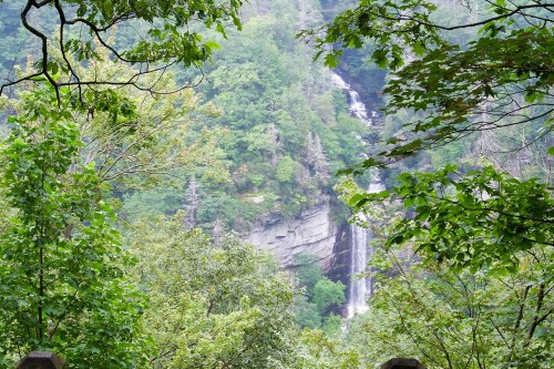 A lush green landscape featuring a waterfall cascading down rocky cliffs, framed by trees and foliage.