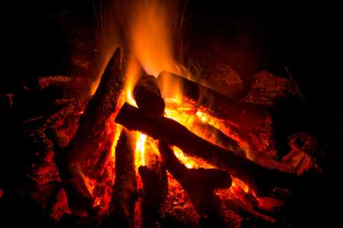 A vibrant campfire with glowing flames and burning logs against a dark background.