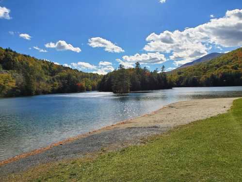 A serene lake surrounded by trees and mountains, with a clear blue sky and fluffy clouds reflecting on the water.