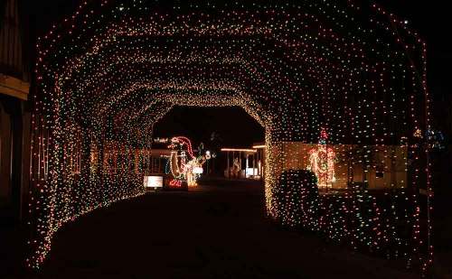 A festive archway adorned with colorful holiday lights, creating a cheerful atmosphere at night.