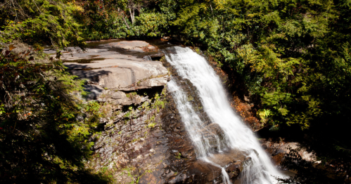 A serene waterfall cascading over rocky terrain, surrounded by lush green trees and autumn foliage.