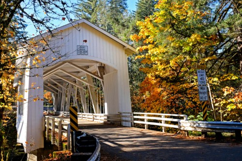 A white covered bridge surrounded by vibrant autumn foliage and a clear blue sky.