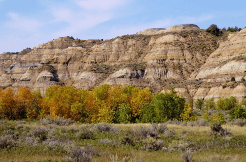 A landscape featuring layered, rocky hills and vibrant autumn trees in the foreground under a clear blue sky.