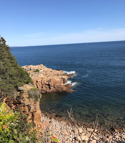 A rocky coastline with clear blue water and a bright sky, surrounded by greenery.