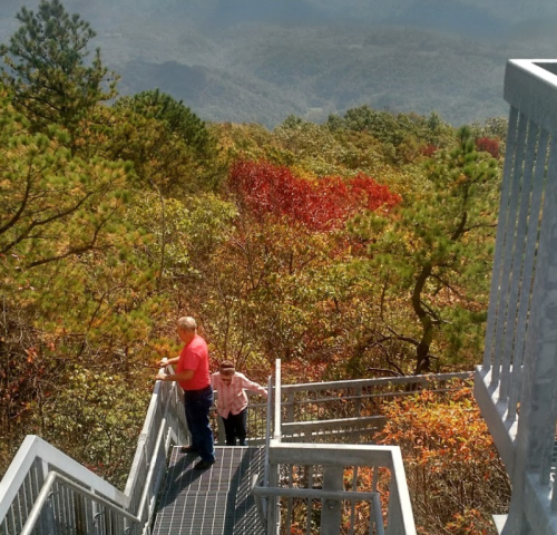 A man and woman walk down a metal staircase surrounded by colorful autumn foliage and mountains in the background.