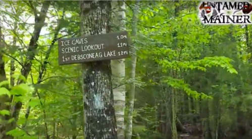 Wooden sign in a forest indicating distances to Ice Caves (1.0 mi), Scenic Lookout (1.1 mi), and 1st Debsconeag Lake (12 mi).