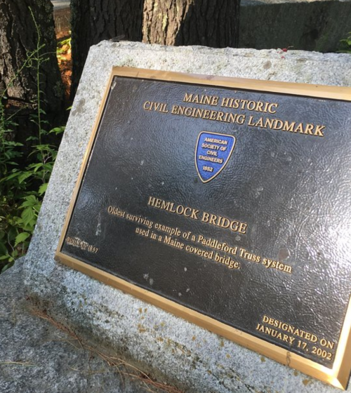 Plaque marking Hemlock Bridge as a Maine Historic Civil Engineering Landmark, designated January 17, 2002.