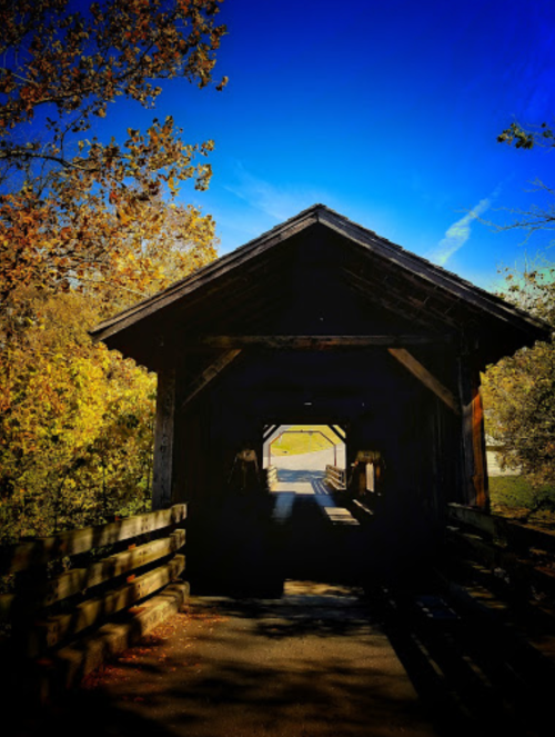 A wooden covered bridge framed by autumn trees under a clear blue sky, leading to an open path.