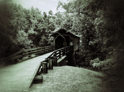 A vintage-style image of a wooden covered bridge surrounded by lush greenery.