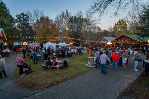A festive outdoor gathering with people, lights, and decorated tents in a park during twilight.