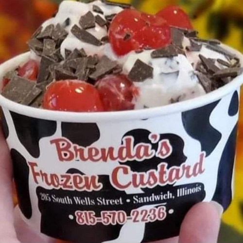 A hand holding a cup of frozen custard topped with chocolate shavings and cherries, featuring a cow-print design.
