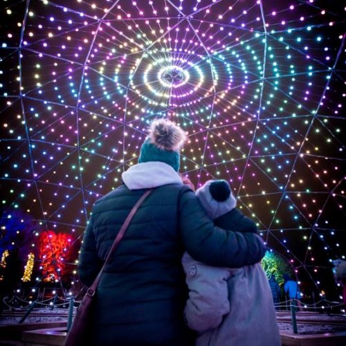 Two people stand together, admiring a colorful light display in a dome structure at night.