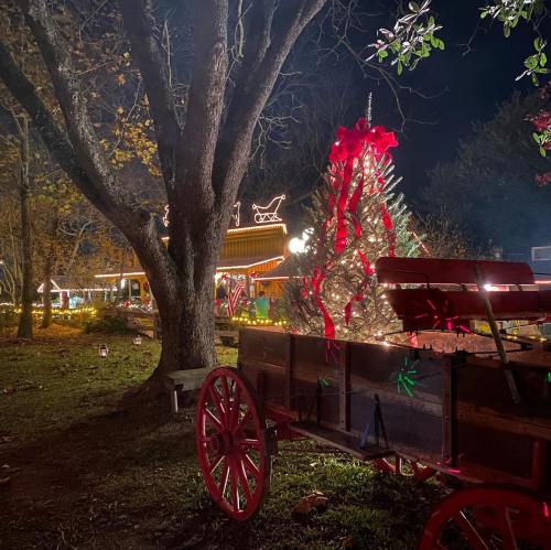 A festive scene featuring a decorated Christmas tree and a wagon under twinkling lights at night.