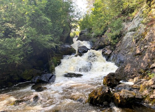 A cascading waterfall flows over rocky terrain, surrounded by lush green trees and foliage.