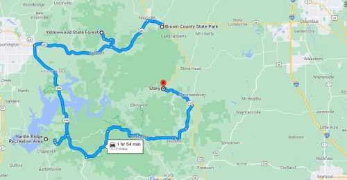 Map showing a route from Hardin Ridge Recreation Area to Brown County State Park, passing through Yellowwood State Forest.