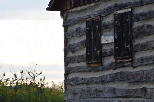 Close-up of a rustic log cabin with wooden shutters, surrounded by greenery and a soft, cloudy sky.