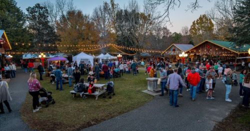 A lively outdoor gathering with people socializing, food stalls, and festive lights in a wooded area.