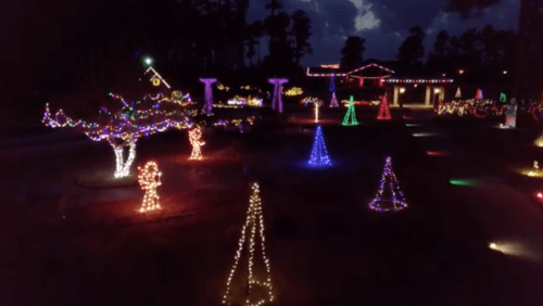 A festive display of colorful holiday lights illuminating trees and decorations in a nighttime setting.