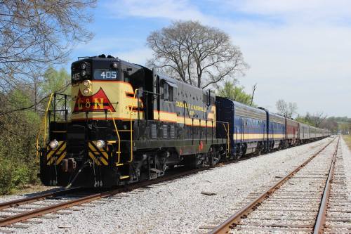 A black and yellow locomotive with several passenger cars parked on a gravel track surrounded by trees.