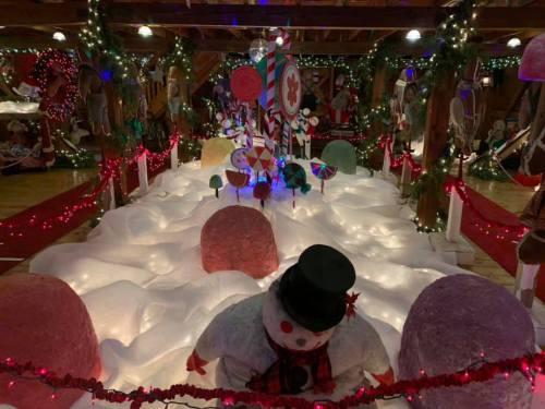 A festive scene with a snowman, colorful candy decorations, and a snowy pathway, all adorned with holiday lights.