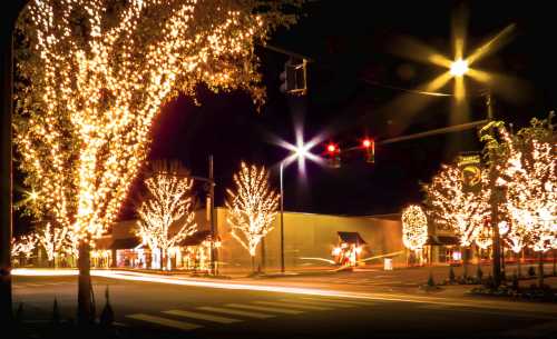 A street corner at night adorned with glowing holiday lights on trees and buildings, creating a festive atmosphere.