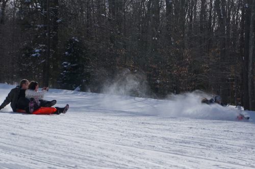 Two people sledding down a snowy hill, with a third person tumbling off to the side, surrounded by trees.
