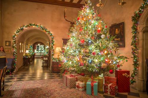 A beautifully decorated Christmas tree with colorful lights and ornaments, surrounded by wrapped gifts in a festive room.