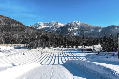 Snow-covered landscape with mountain backdrop, featuring neatly groomed ski trails under a clear blue sky.