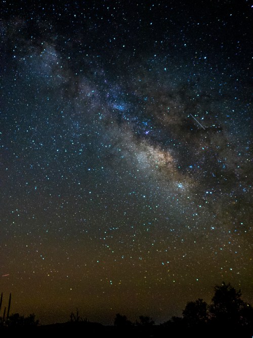 A stunning night sky filled with stars, showcasing the Milky Way and a faint shooting star against a dark backdrop.