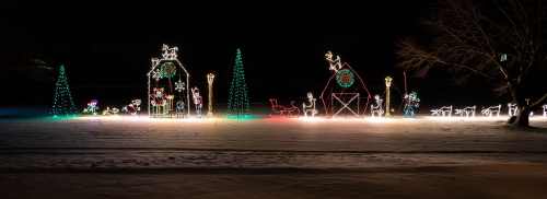 A festive display of colorful Christmas lights in a snowy landscape, featuring trees, reindeer, and holiday decorations.