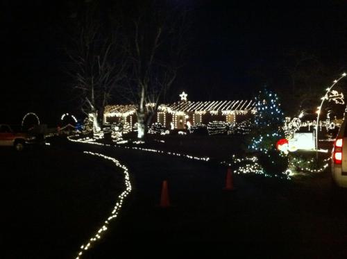 A beautifully decorated house with festive lights and a Christmas tree, set against a dark night sky.