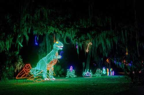 Colorful dinosaur light displays in a dark, tree-lined area, with hanging stars and festive decorations.