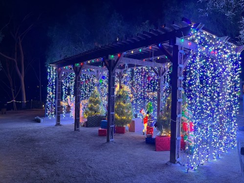 A festive outdoor area decorated with colorful Christmas lights, trees, and wrapped gifts at night.