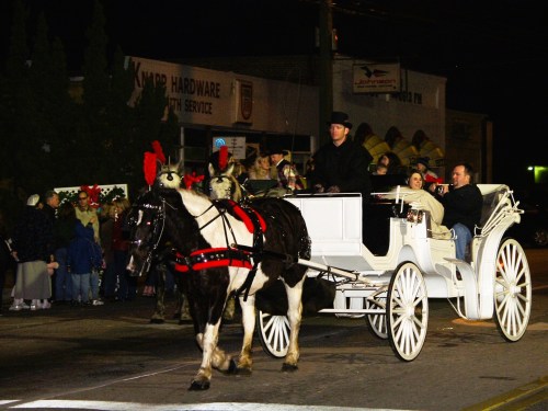 A festive horse-drawn carriage with people dressed in holiday attire, parading down a street at night.