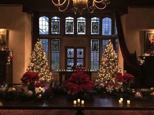 A beautifully decorated room with two Christmas trees, poinsettias, and candles, illuminated by stained glass windows.