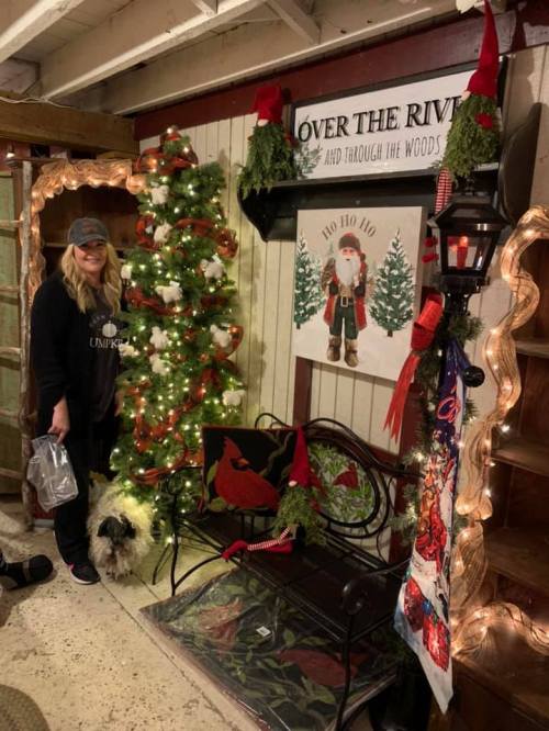 A woman stands next to a decorated Christmas tree in a cozy room with festive decor and a small dog at her feet.