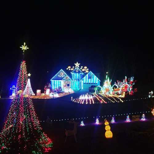 A brightly lit house decorated with colorful Christmas lights, surrounded by festive displays and a glowing tree.