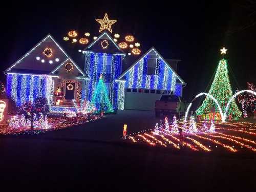 A house decorated with colorful Christmas lights, featuring trees, stars, and festive designs in a nighttime setting.