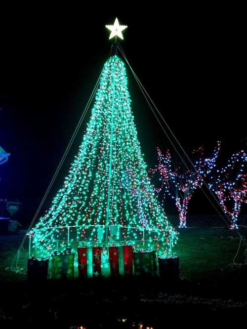 A brightly lit Christmas tree made of green lights, topped with a star, surrounded by colorful gift boxes at night.