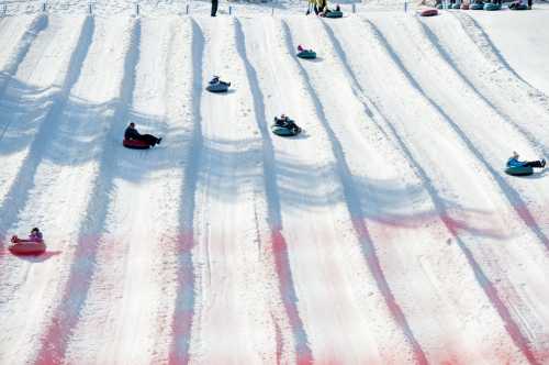 People sledding down a snowy hill on colorful tubes, with tracks and shadows visible in the snow.