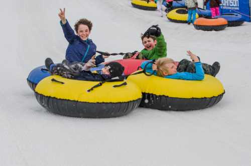 Four children joyfully tubing down a snowy slope, smiling and waving, with colorful inflatable tubes around them.