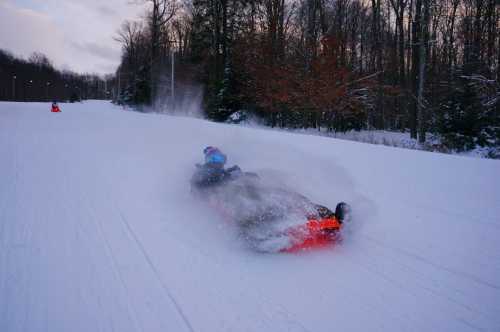 A person sledding down a snowy hill, surrounded by trees, with snow flying around them.