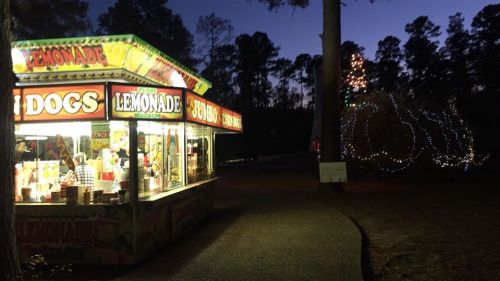 A brightly lit lemonade and hot dog stand at dusk, surrounded by trees and festive lights.