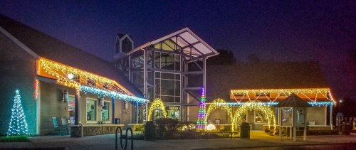 A building decorated with colorful holiday lights at night, featuring trees and arches illuminated in various colors.